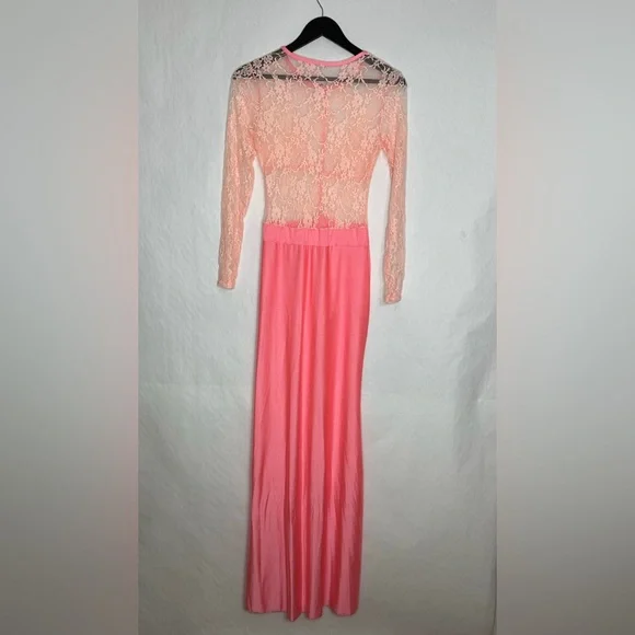 Vintage Sheer Lace Long Sleeve Maxi Dress Flamingo Pink Size Medium Romantic - Picture 9 of 10
